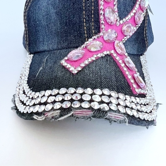 BREAST Cancer Awareness Bling Rhinestone Pink Ribbon Baseball Cap - Picture 4 of 9